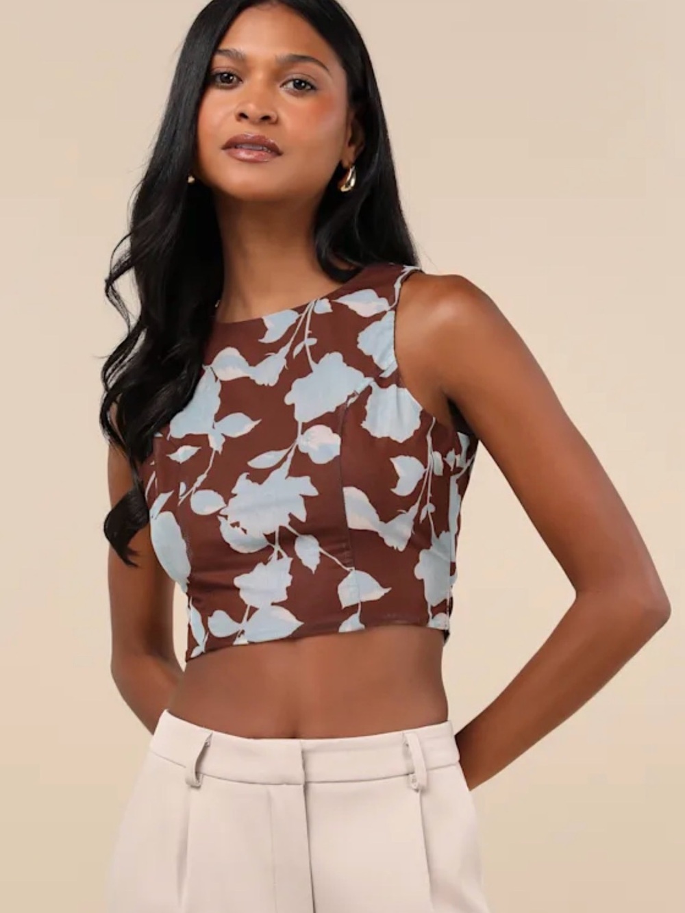 Lulus Coveted Essence Brown Floral Mesh Cutout Tie-Back Crop Tank Top Small NWT